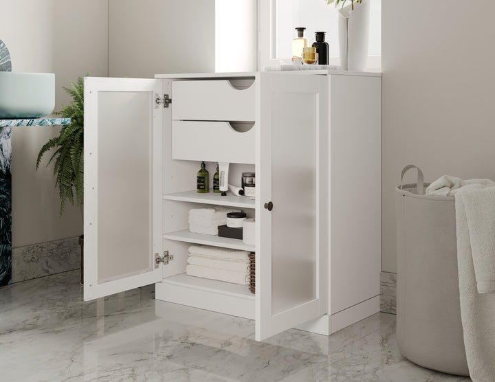 100% Solid Brazilian Pine Wood 32" Bathroom Storage Cabinet with Frosted Glass Doors, 2-Drawers and Adjustable Shelves