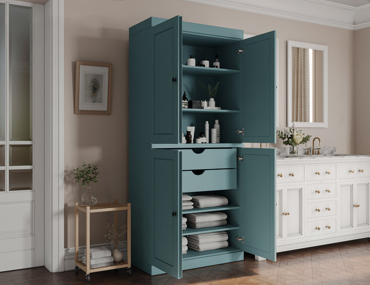 100% Solid Brazilian Pine Wood Bathroom Storage Cabinet, Raised Panel Doors, 2 Drawers, Adjustable Shelves, 32" Wide, 71.5" Tall