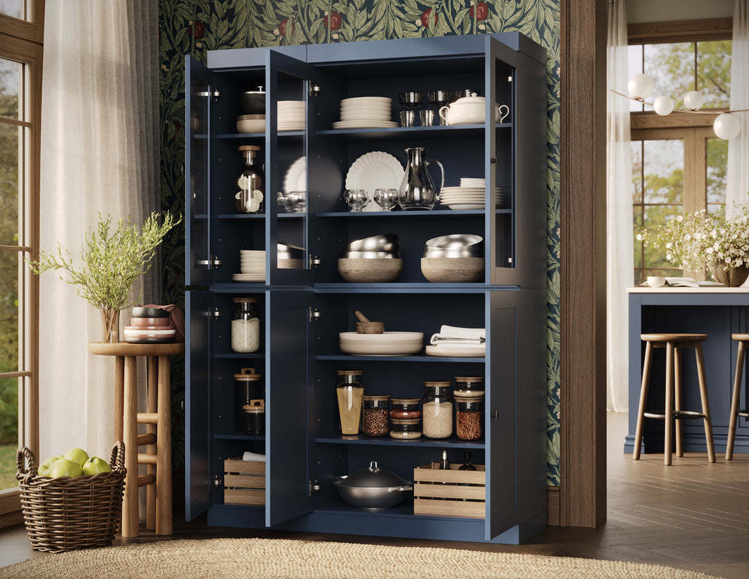 100% Solid Wood 48.5" China Pantry Cabinet, 3 Glass Doors, 3 Shaker Doors