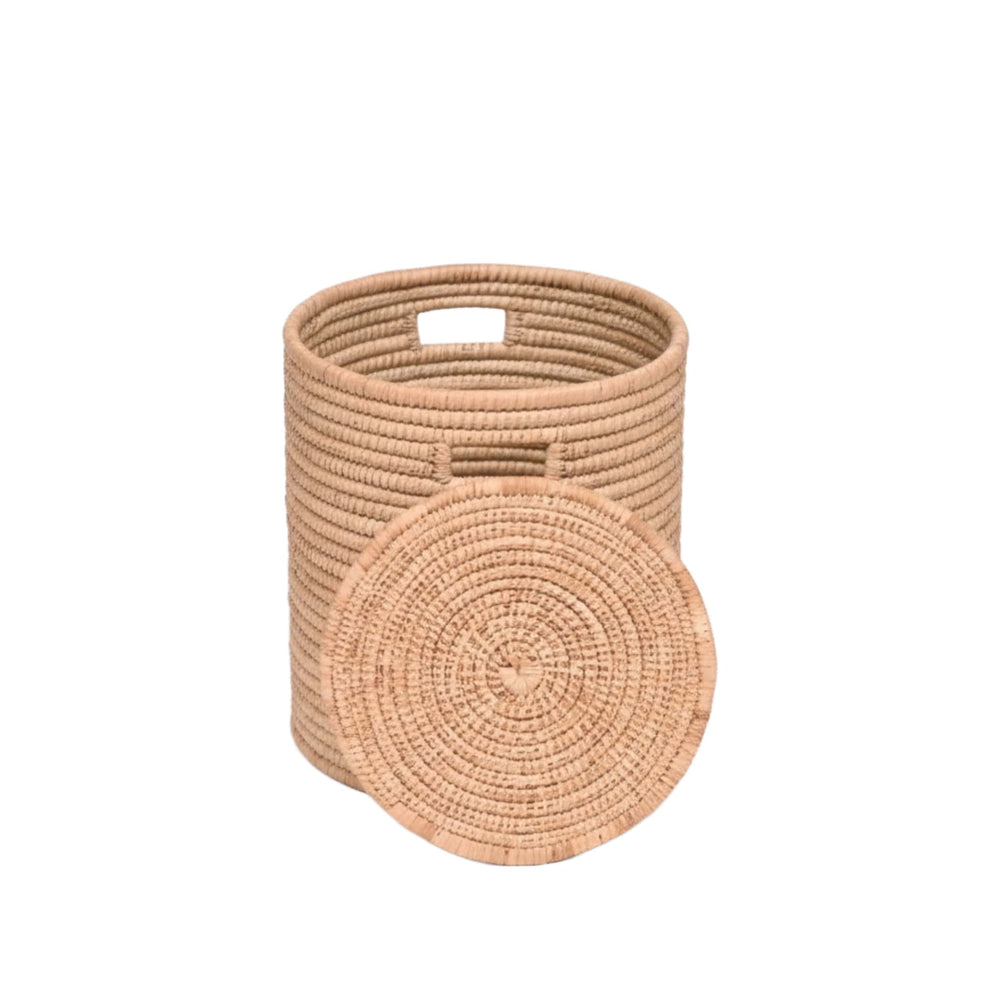 100% Handwoven Natural Rattan 17" Round Basket with Lid & Handles, Boho Farmhouse Decorative Laundry & Storage Organizer, Handcrafted – Authentic African Craftsmanship, Baskets - Palace Imports