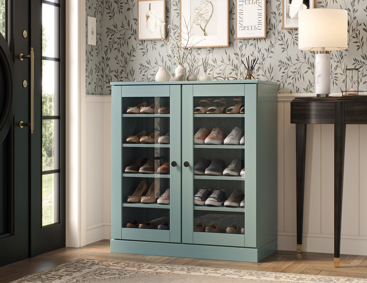 100% Solid Wood Glass Door Shoe Storage Cabinet with Adjustable Shelves, Space Saving Stackable Entryway Organizer, 32" W x 35.75" H