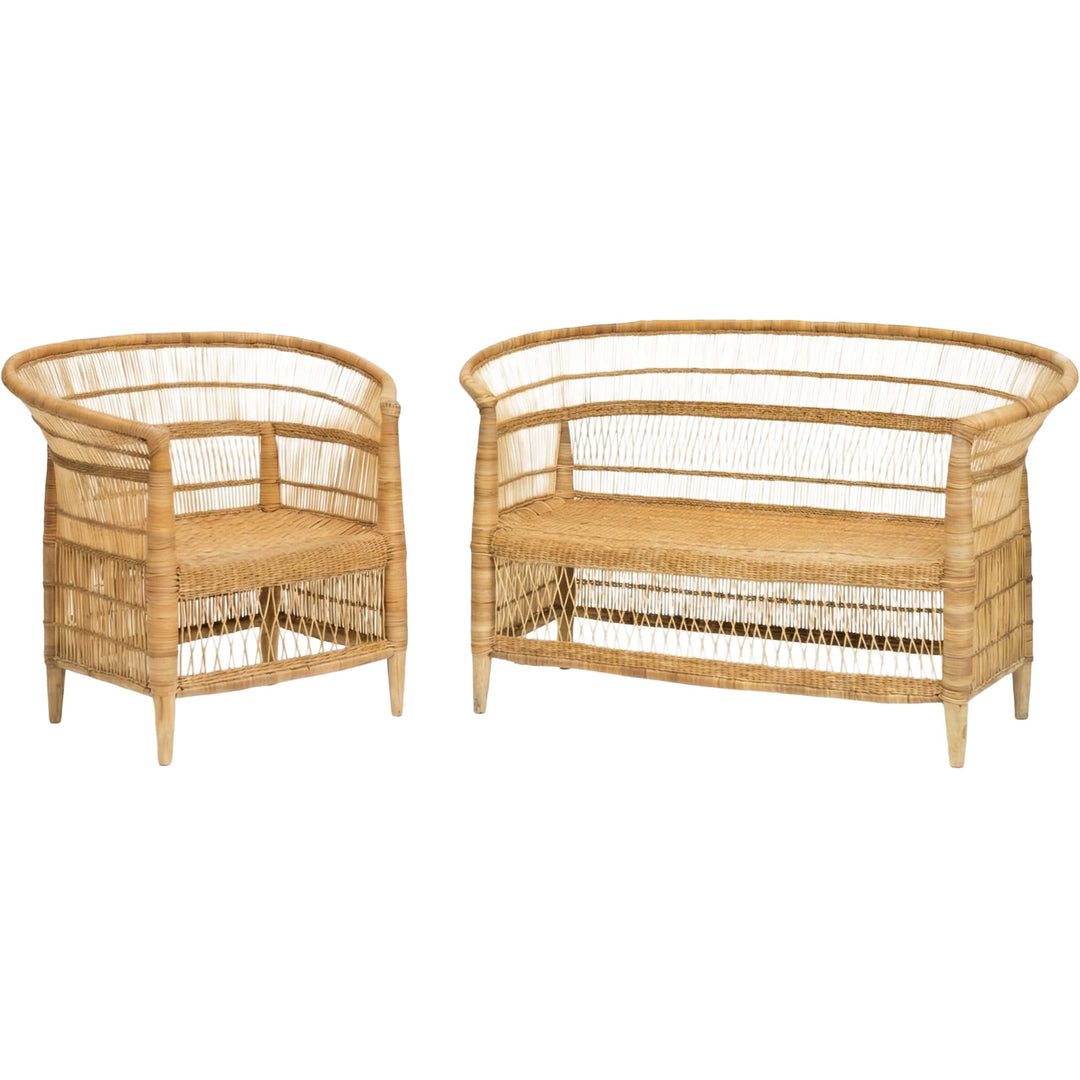 100% Handwoven Natural Rattan 2-Piece Indoor Seating Set with Chair and Loveseat, Solid Wood Frame, Boho Farmhouse, Authentic African Craftsmanship