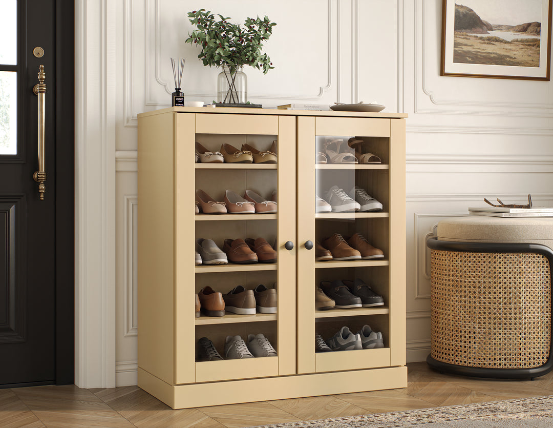 100% Solid Wood Glass Door Shoe Storage Cabinet with Adjustable Shelves, Space Saving Stackable Entryway Organizer, 32" W x 35.75" H