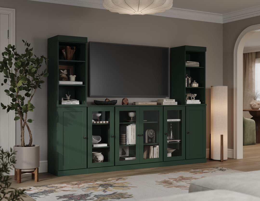 100% Solid Wood 7-Piece Entertainment Center Wall Unit with Storage, Open Cabinets, Shaker & Glass Doors, Adjustable Shelves, 98" W x 71.5" H