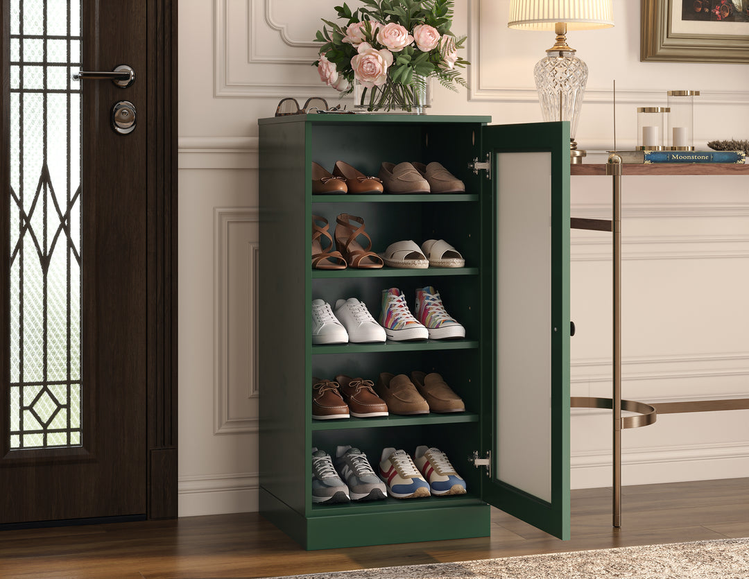 100% Solid Wood Narrow Frosted Glass Door Shoe Storage Cabinet with Adjustable Shelves, Space Saving Stackable Organizer, 16.5" W x 35.75" H