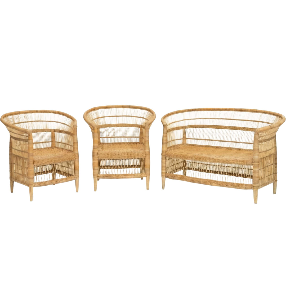 100% Handwoven Natural Rattan 3-Piece Indoor Seating Set with 2 Chairs and Loveseat, Solid Wood Frame, Boho Farmhouse, Authentic African Craftsmanship