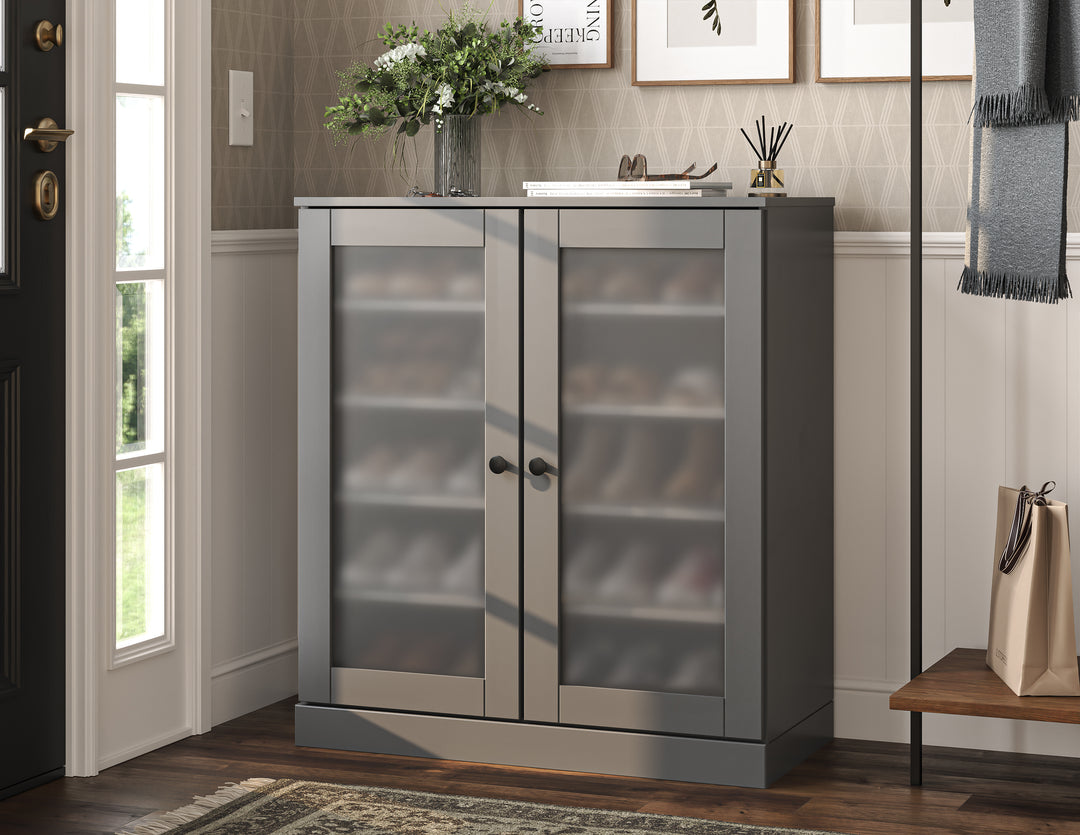 100% Solid Wood Frosted Glass Door Shoe Storage Cabinet with Adjustable Shelves, Space Saving Stackable Entryway Organizer, 32" W x 35.75" H