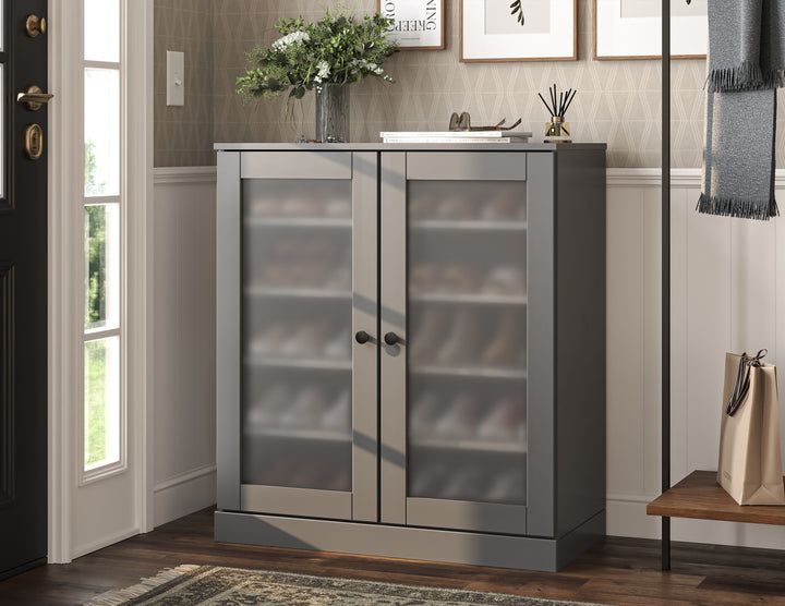 100% Solid Wood Frosted Glass Door Shoe Storage Cabinet with Adjustable Shelves, Space Saving Stackable Entryway Organizer, 32" W x 35.75" H