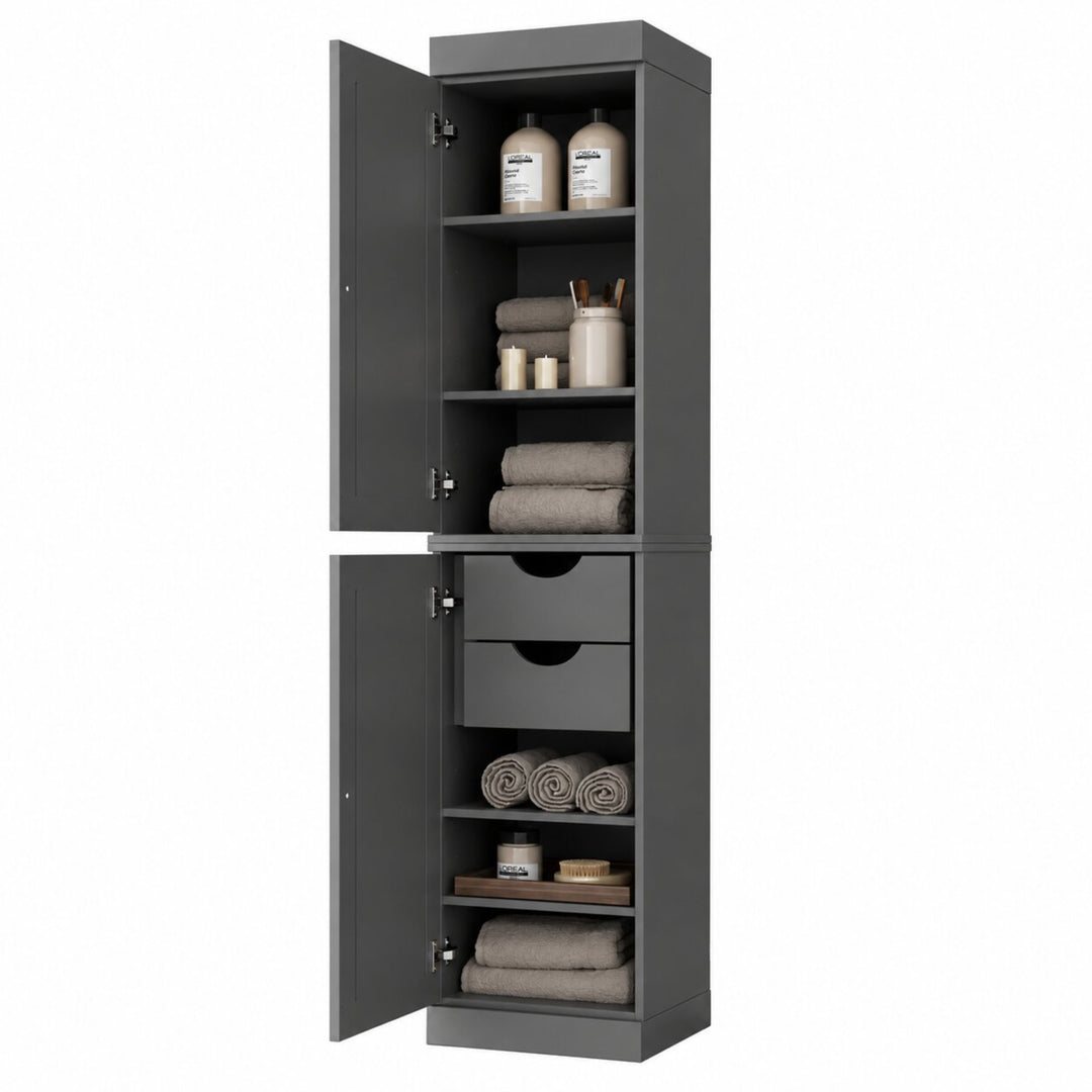 100% Solid Wood Bathroom Storage Cabinet, Shaker Doors, 2 Drawers, Adjustable Shelves, 16.5" Wide, 71.5" Tall