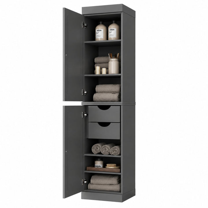 100% Solid Wood Bathroom Storage Cabinet, Shaker Doors, 2 Drawers, Adjustable Shelves, 16.5" Wide, 71.5" Tall