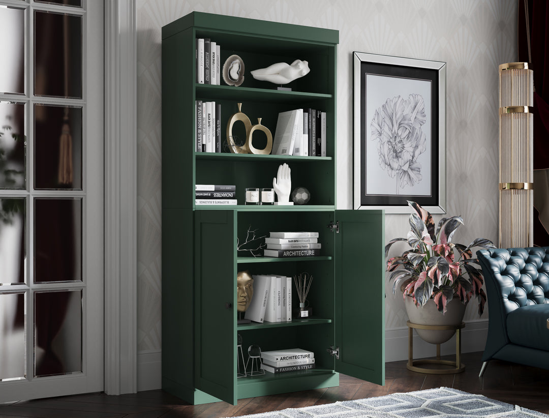 100% Solid Wood 6-Shelf 32" Bookcase Cabinet, 2 Solid Shaker Wood Doors, Adjustable Shelves