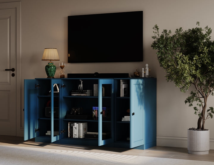 100% Solid Wood TV Stand for TVs up to 65" with Clear Glass, Raised Panel Doors, Adjustable Shelves