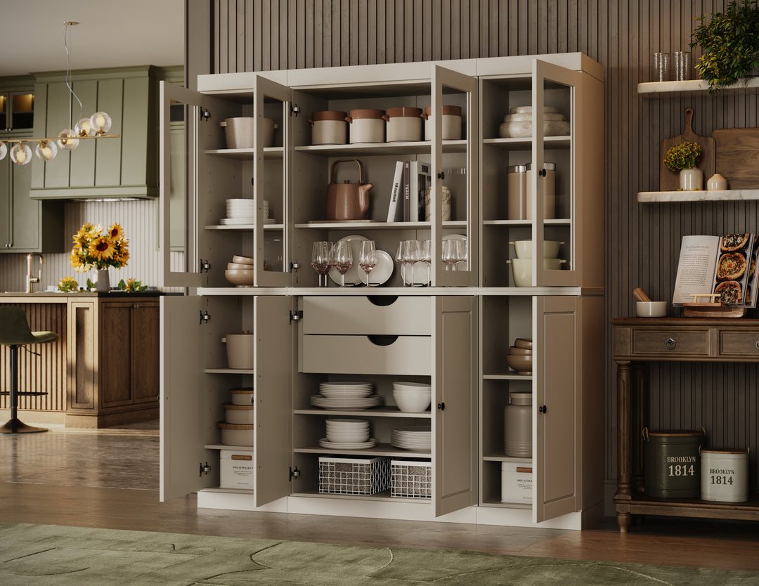 100% Solid Wood Tall Freestanding Kitchen Pantry Cabinet with Glass Doors & 2 Drawers, Storage Cabinet with Adjustable Shelves, 65" W x 71.5" H