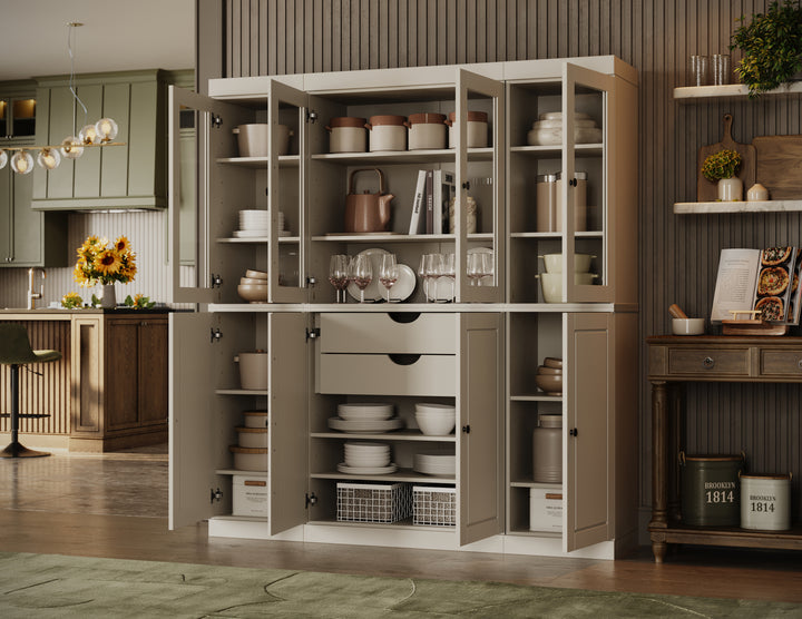 100% Solid Wood Tall Freestanding Kitchen Pantry Cabinet with Glass Doors & 2 Drawers, Storage Cabinet with Adjustable Shelves, 65" W x 71.5" H