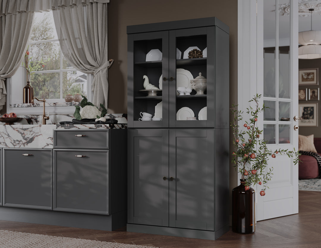 100% Solid Wood 32" Pantry Cabinet, 2 Clear Glass, 2 Shaker Wood Doors