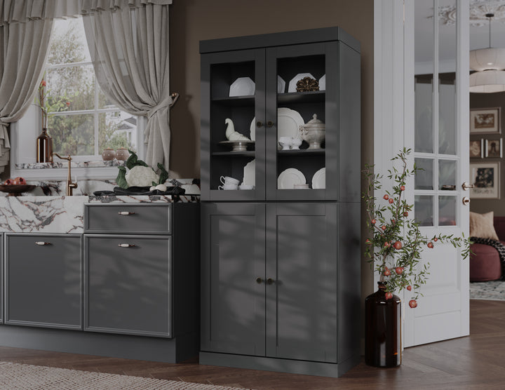 100% Solid Wood 32" Pantry Cabinet, 2 Clear Glass, 2 Shaker Wood Doors