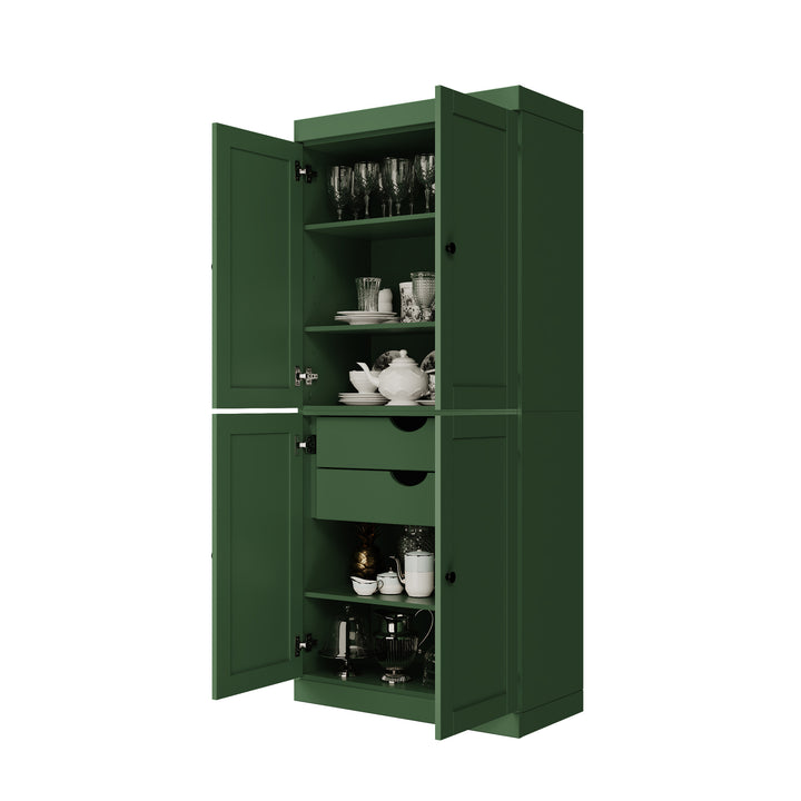 100% Solid Wood 32" Pantry Cabinet, Shaker Wood Doors, 2-Drawers