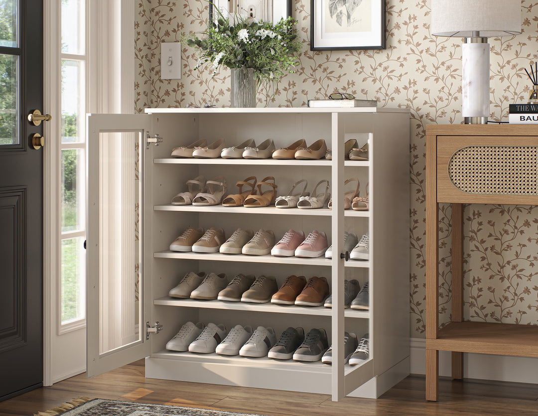 100% Solid Wood Glass Door Shoe Storage Cabinet with Adjustable Shelves, Space Saving Stackable Entryway Organizer, 32" W x 35.75" H