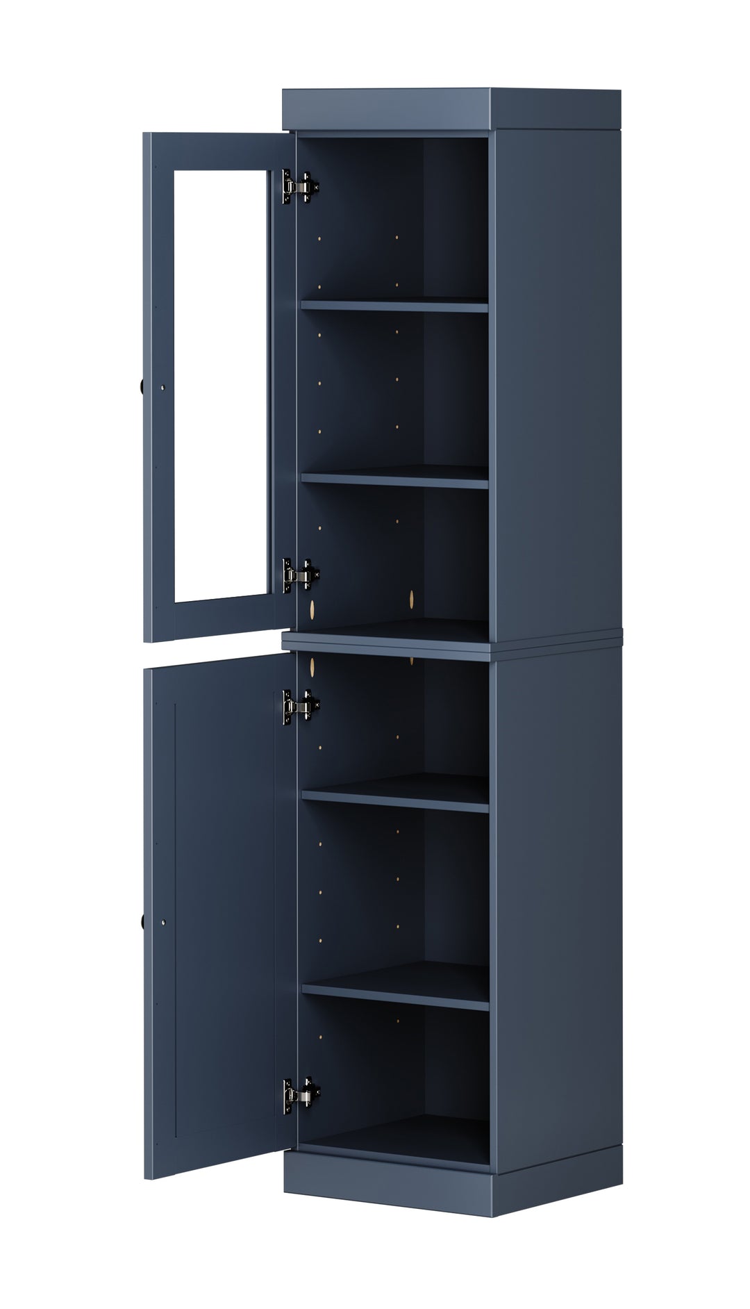 100% Solid Brazilian Pine Wood Pantry Cabinet, Raised Panel & Clear Glass Doors, Adjustable Shelves, 16.5" Wide, 71.5" Tall