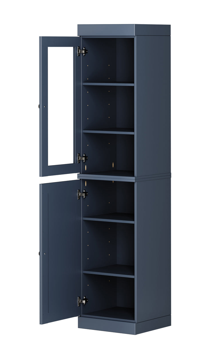 100% Solid Brazilian Pine Wood Pantry Cabinet, Raised Panel & Clear Glass Doors, Adjustable Shelves, 16.5" Wide, 71.5" Tall