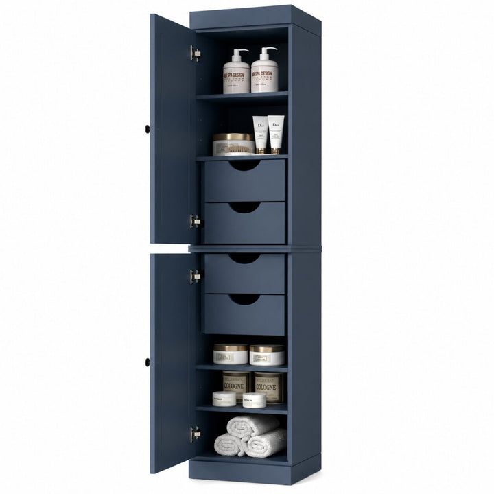 100% Solid Wood Bathroom Storage Cabinet, Raised Panel Doors, 4 Drawers, Adjustable Shelves, 16.5" Wide, 71.5" Tall