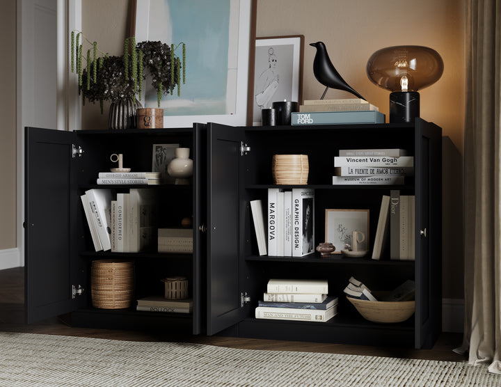 100% Solid Brazilian Pine Wood Sideboard, Shaker Doors, Adjustable Shelves, 64" Wide, 35.75" Tall