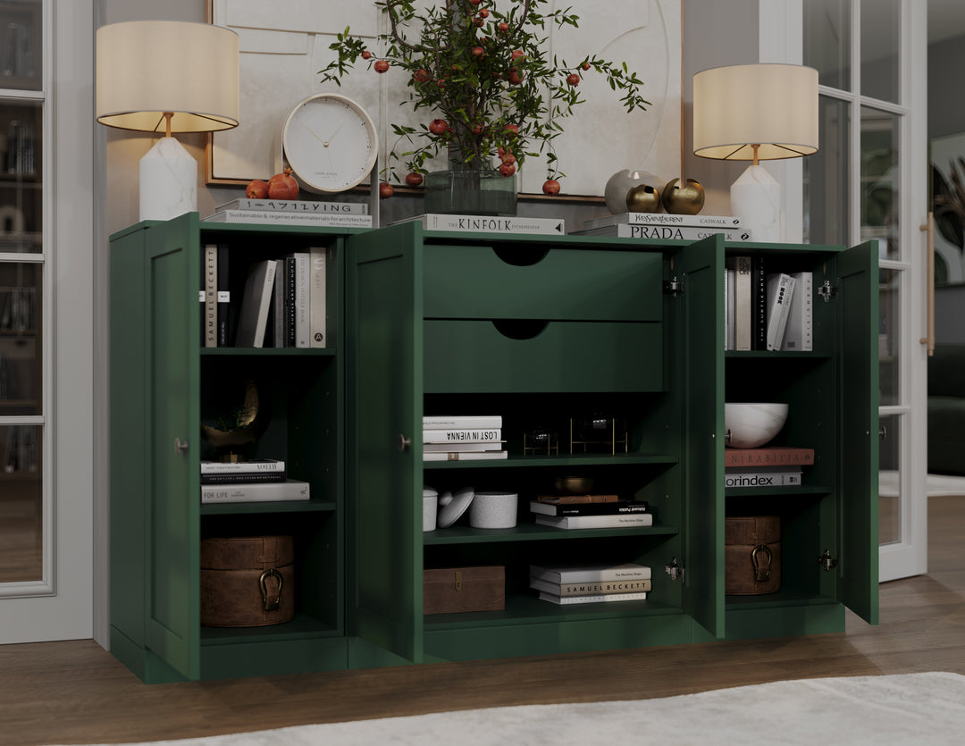 100% Solid Wood Sideboard Buffet with Shaker Doors & 2 Drawers, Credenza Server for Dining Room Storage, Adjustable Shelves, 65" W x 35.75" H