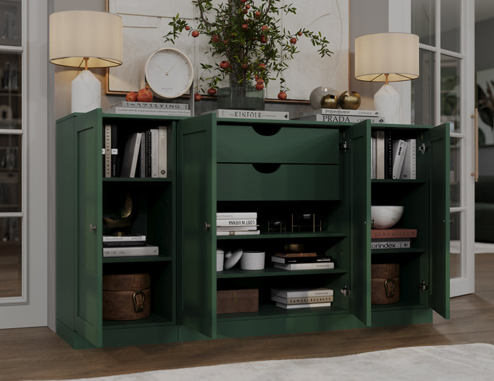 100% Solid Wood Sideboard Buffet with Shaker Doors & 2 Drawers, Credenza Server for Dining Room Storage, Adjustable Shelves, 65" W x 35.75" H