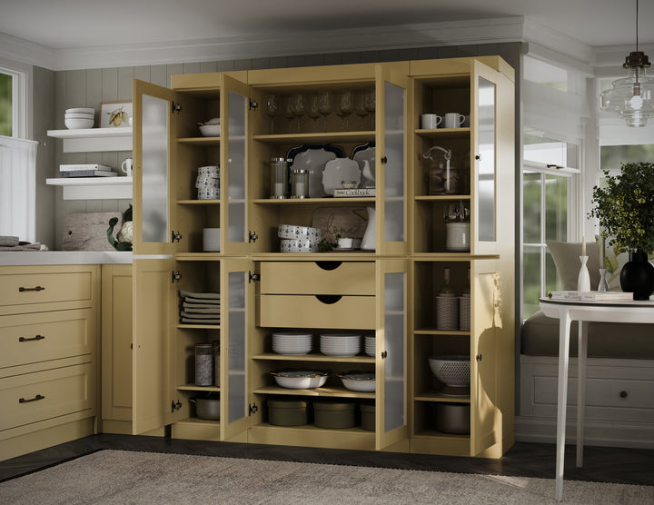 100% Solid Brazilian Pine Wood 65" Pantry Cabinet with Frosted Glass, Shaker Doors, 2-Drawers and Adjustable Shelves