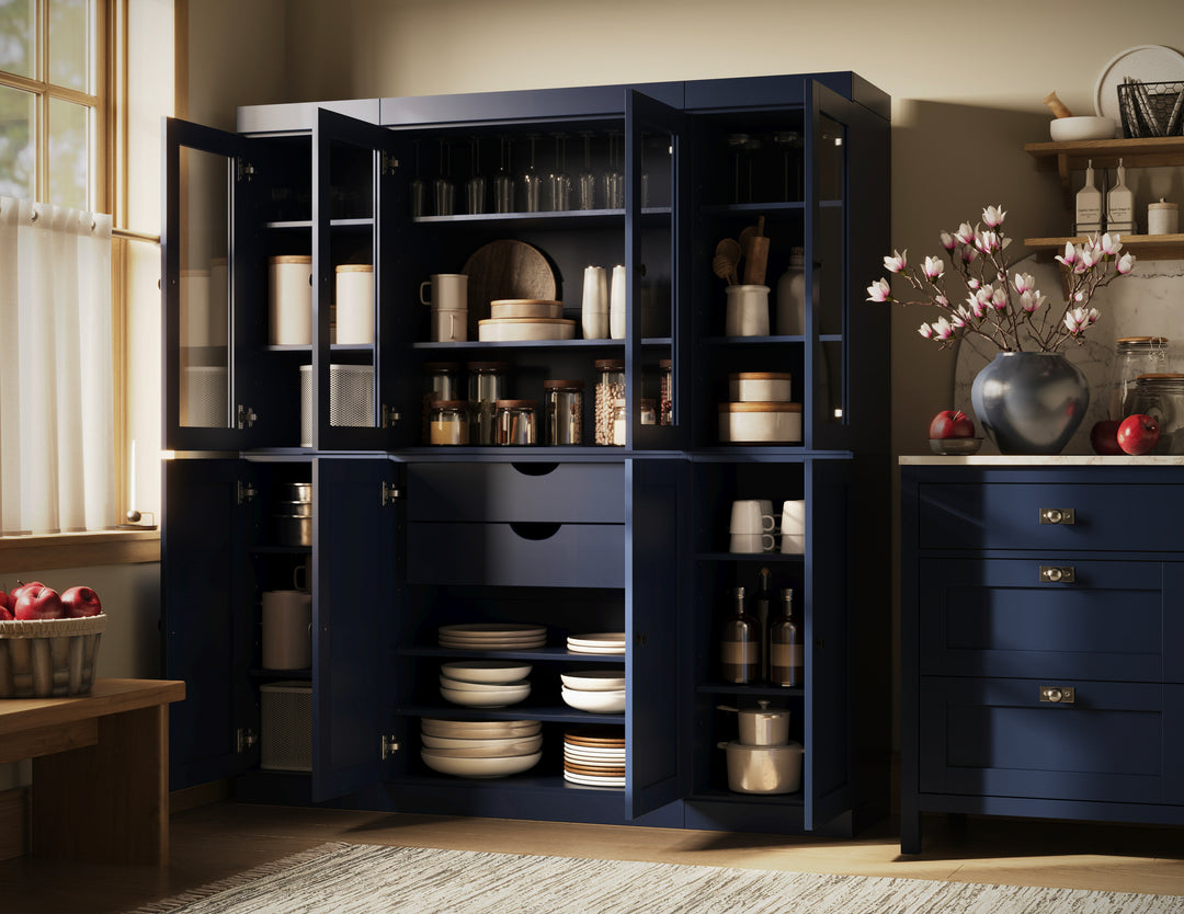 100% Solid Wood 65" China Pantry Cabinet, 4 Glass, 4 Shaker Wood Doors, 2-Drawers