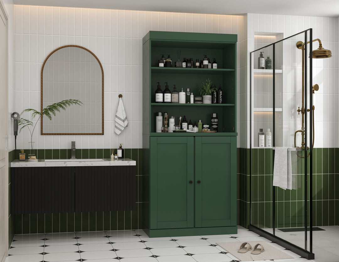 100% Solid Wood 32" Bathroom Cabinet with Shelves, Shaker Wood Doors, 2-Drawers