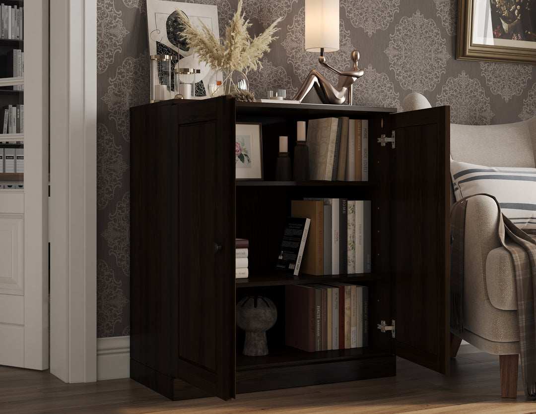 100% Solid Wood 3-Shelf Bookcase Cabinet with Doors, Storage Bookshelf with Adjustable Shelves, 32" W x 35.75" H