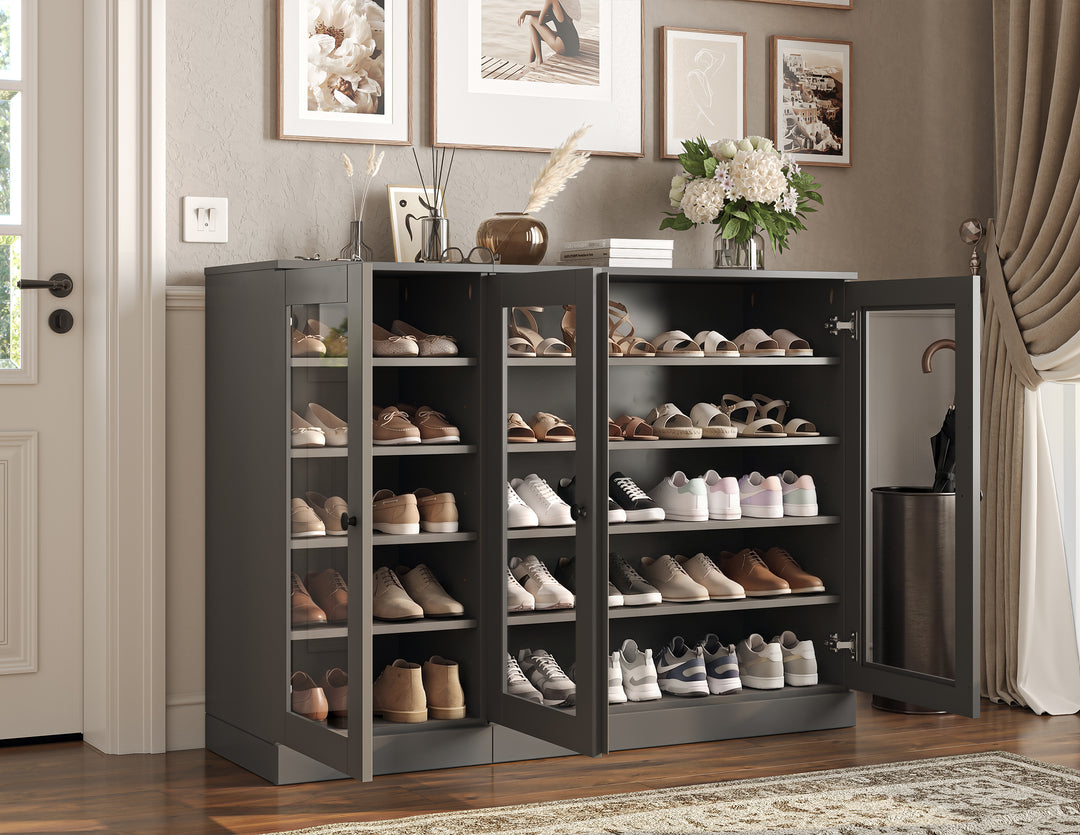 100% Solid Wood Glass Door Shoe Storage Cabinet, Adjustable Shelves, Space Saving Modular Entryway Organizer, 48.5" W x 35.75" H
