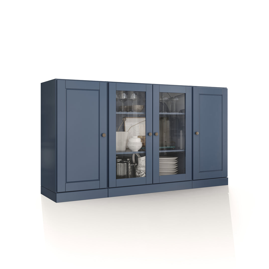 100% Solid Wood 65" Sideboard Cabinet, 2 Clear Glass, 2 Raised Panel Wood Doors, Adjustable Shelves