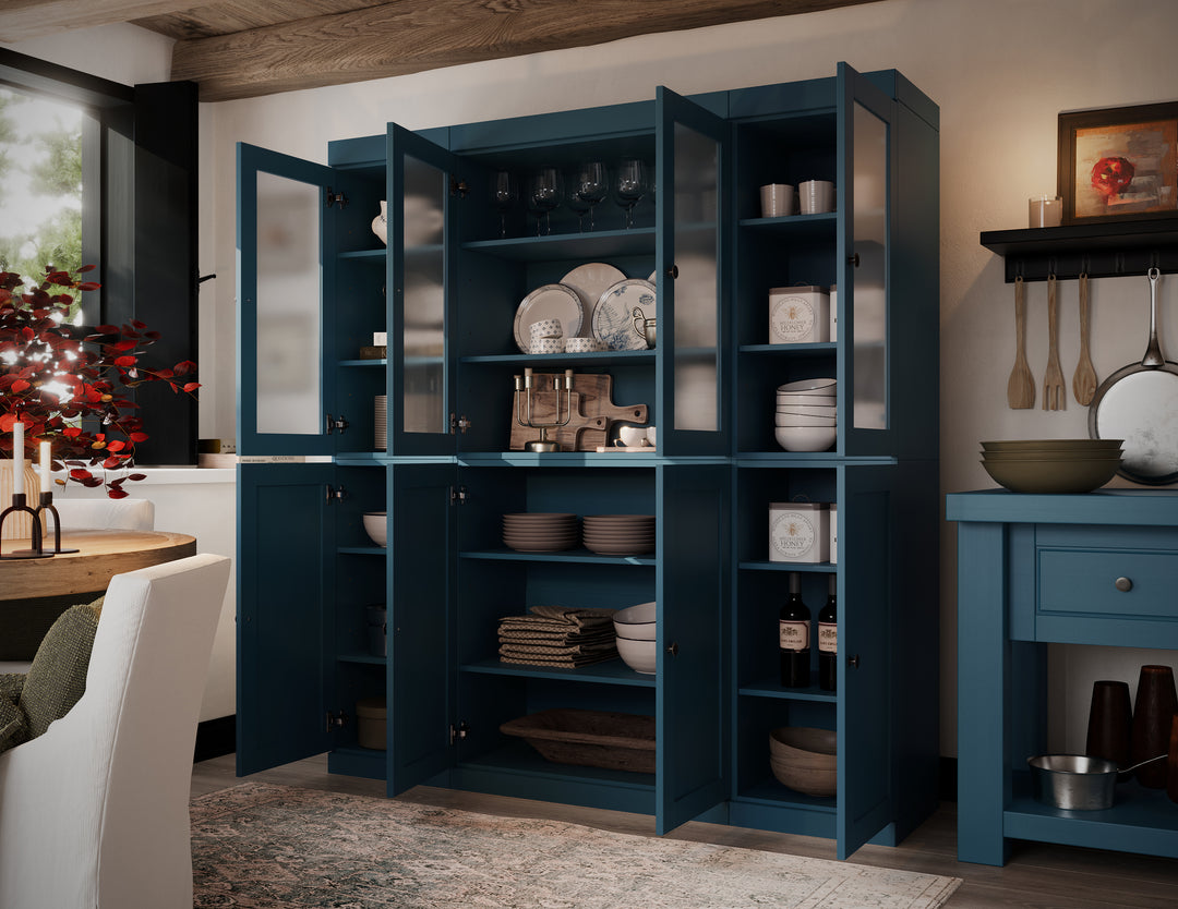 Teal Blue Inside View of Wood Kitchen Pantry Cabinet, Tall Freestanding Modular Storage with Frosted Glass & Shaker Doors, Adjustable Shelves, 65" W x 71.5" H