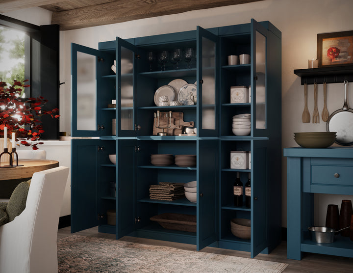 Teal Blue Inside View of Wood Kitchen Pantry Cabinet, Tall Freestanding Modular Storage with Frosted Glass & Shaker Doors, Adjustable Shelves, 65" W x 71.5" H
