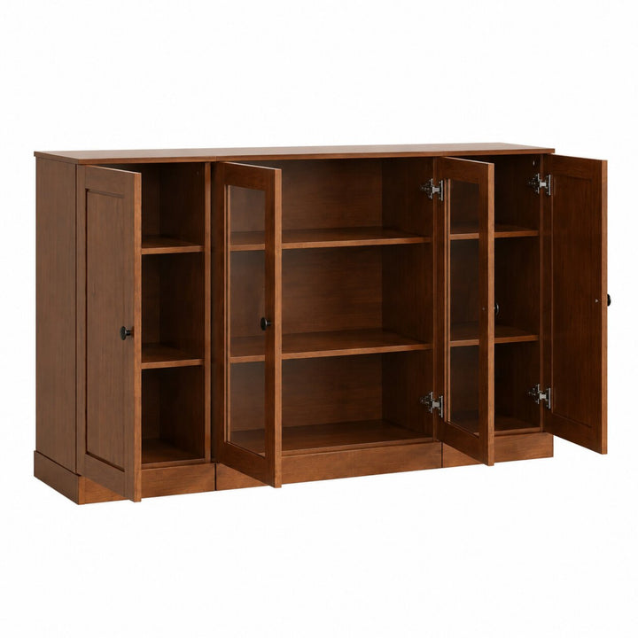 100% Solid Wood TV Stand with Raised Panel, Clear Glass Doors and Adjustable Shelves for TVs up to 65"