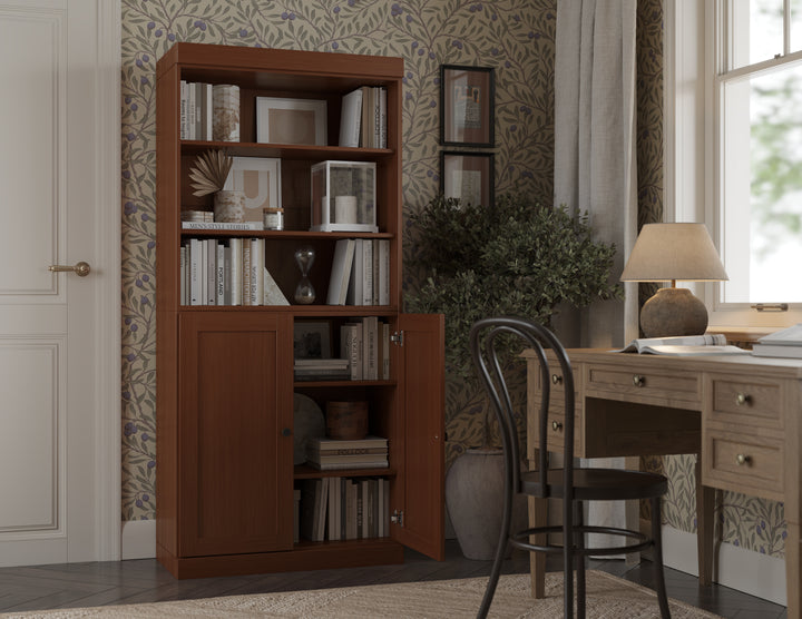 100% Solid Wood 6-Shelf 32" Bookcase Cabinet, 2 Solid Shaker Wood Doors, Adjustable Shelves