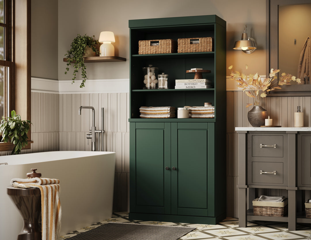 100% Solid Brazilian Pine Wood Bathroom Storage Cabinet, Raised Panel Doors, Adjustable Shelves, 32" Wide, 71.5" Tall