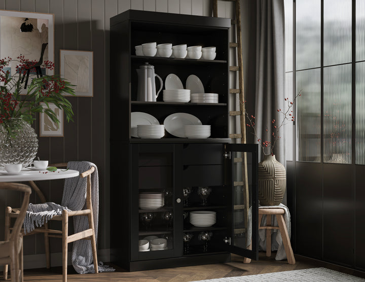 100% Solid Wood 32" Pantry Cabinet, 2 Glass Doors, 2-Drawers, Adjustable Shelves