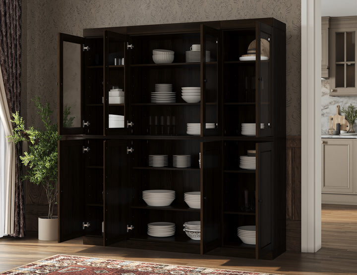 100% Solid Wood Kitchen Pantry Cabinet, Tall Freestanding Modular Storage with Glass & Raised Panel Doors & 2 Drawers, Adjustable Shelves, 65" W x 71.5" H