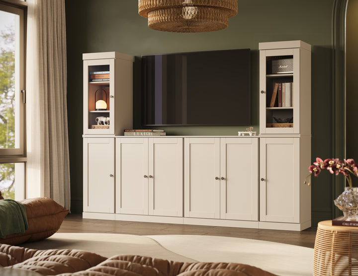 100% Solid Wood 6-Piece Entertainment Center Wall Unit with Storage, Glass & Shaker Doors, Adjustable Shelves, 97" W x 71.5" H