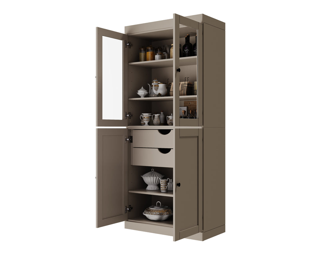 100% Solid Wood 32" Pantry Cabinet, 2 Clear Glass, 2 Shaker Doors, 2-Drawers