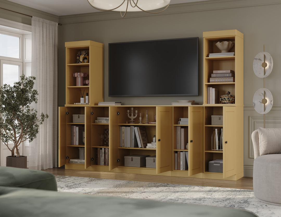 100% Solid Wood 7-Piece Entertainment Center Wall Unit with Storage, Open Cabinets & Raised Panel Doors, Adjustable Shelves, 98" W x 71.5" H