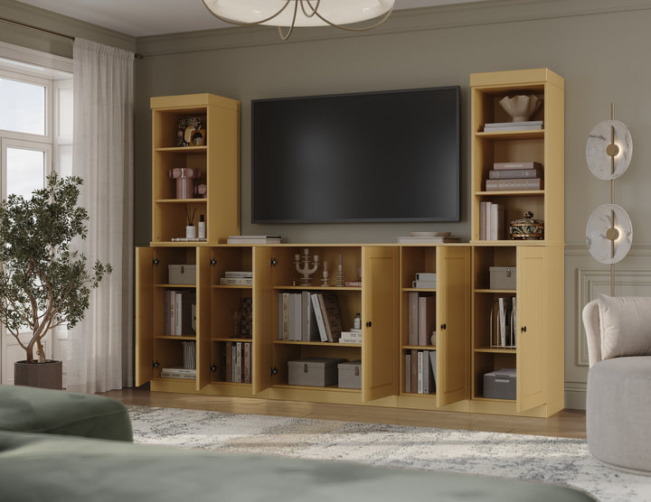 100% Solid Wood 7-Piece Entertainment Center Wall Unit with Storage, Open Cabinets & Raised Panel Doors, Adjustable Shelves, 98" W x 71.5" H