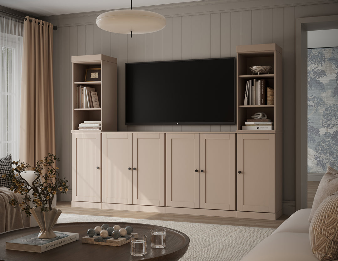 100% Solid Wood 6-Piece Entertainment Center Wall Unit with Storage, Open Cabinets & Shaker Doors, Adjustable Shelves, 97" W x 71.5" H