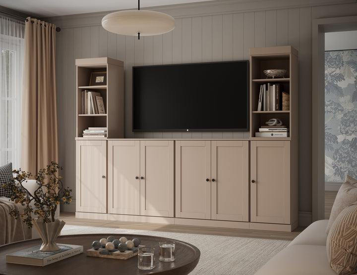 100% Solid Wood 6-Piece Entertainment Center Wall Unit with Storage, Open Cabinets & Shaker Doors, Adjustable Shelves, 97" W x 71.5" H
