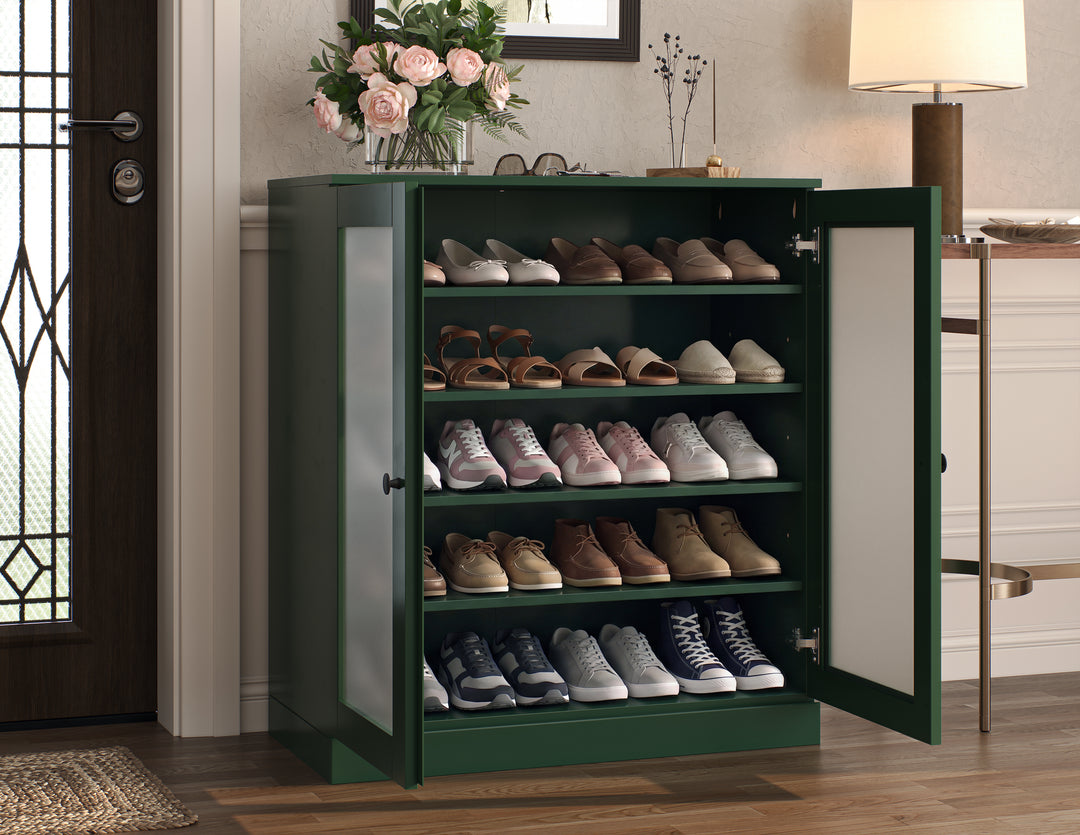 100% Solid Wood Frosted Glass Door Shoe Storage Cabinet with Adjustable Shelves, Space Saving Stackable Entryway Organizer, 32" W x 35.75" H