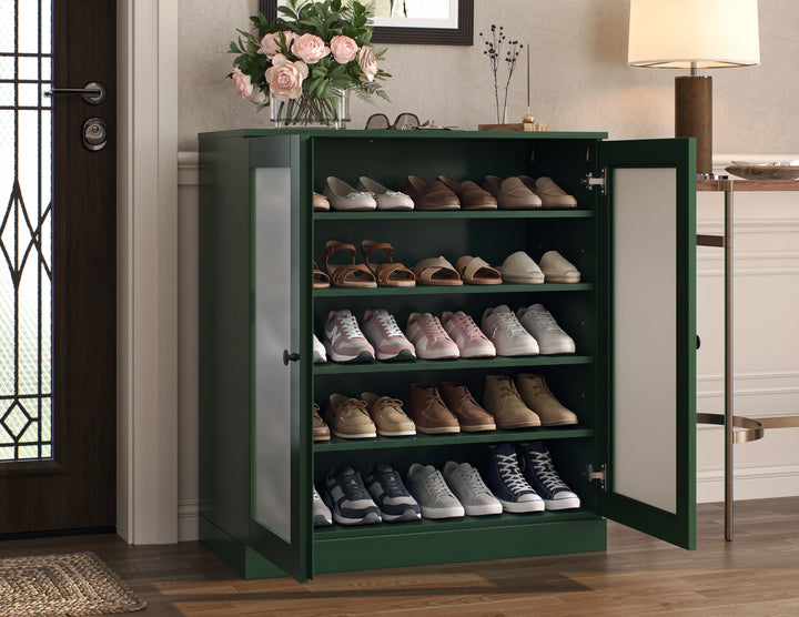 100% Solid Wood Frosted Glass Door Shoe Storage Cabinet with Adjustable Shelves, Space Saving Stackable Entryway Organizer, 32" W x 35.75" H
