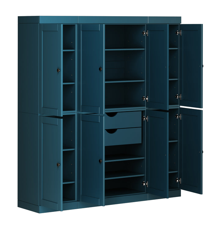 100% Solid Wood 65" Pantry Cabinet, 8 Shaker Wood Doors, 2 Drawers